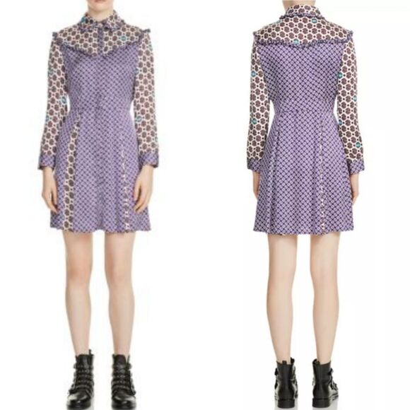 Maje Reed Mixed Print Button Down Round Collar Dress Size Medium 70s Hippie Geo - Picture 1 of 15